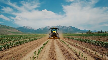 Tractor cultivates field in mountainous landscape.
