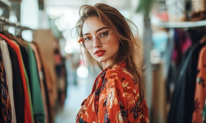 Beautiful woman in showroom women's clothing.