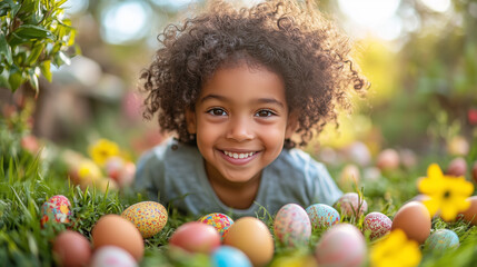 Children enjoying an outdoor Easter egg hunt in a vibrant garden filled with flowers