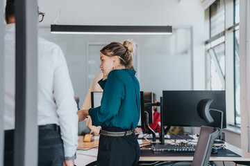 A diverse group of employees engaging in a project discussion in a bright, modern office space, emphasizing teamwork and collaboration among multicultural and multiracial people