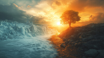Fototapeta premium Visual narrative highlighting the impact of climate change on nature at sunset
