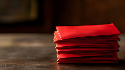 Stack of red Chinese traditional envelopes on wooden surface with empty space.  Lunar New Year traditional gifts