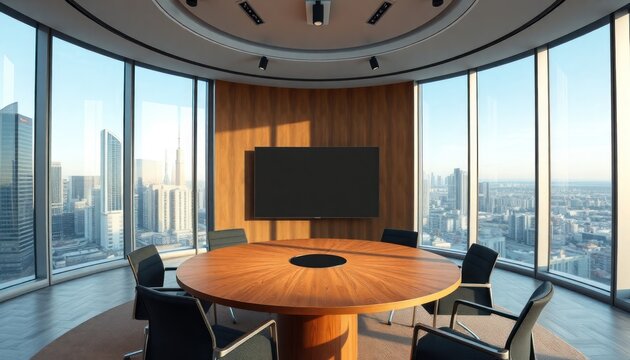Modern conference room with panoramic city view. Circular table and dark chairs. Large empty screen for video calls. Stylish room layout. Ideal for online meetings and virtual events.