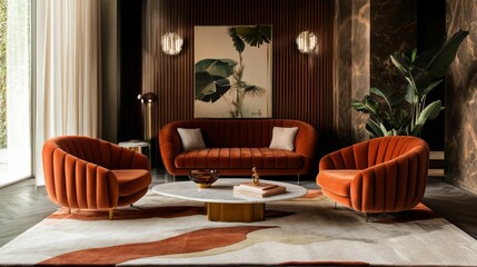 Luxury living room, orange velvet furniture, abstract rug.