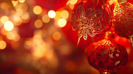 Chinese New Year background with balls and lanterns.