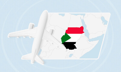 Sudan Travel Illustration with Plane and National Flag. Airplane Flying Over Sudan Map.