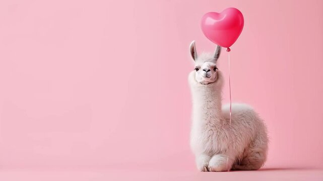 White funny llama with heart-shaped balloon on pink background. Valentine's day celebration, Gentle romance expression, Playful love message concepts