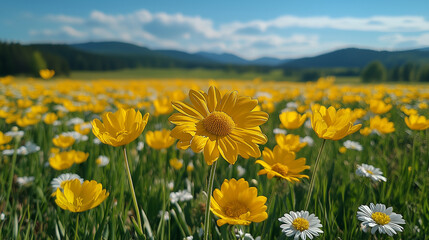 Obraz premium Vibrant spring flowers blooming in a lush meadow under a clear blue sky