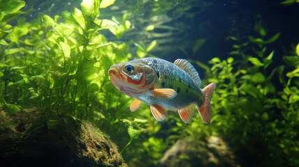 Naklejka premium Colorful Freshwater Fish Swimming Among Lush Green Aquatic Plants
