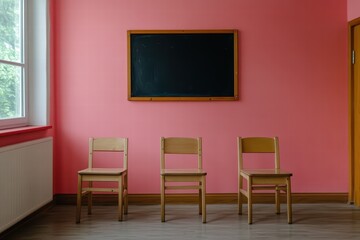 Empty Classroom with Wooden Chairs and Pink Wall Background