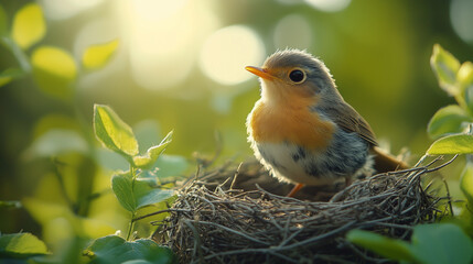 Wildlife birds skillfully crafting nests in a lush, sunlit environment during springtime