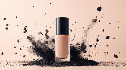 Beige foundation bottle in black powder explosion.