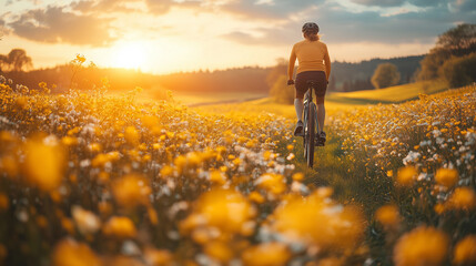Fototapeta premium Bicyclists enjoying a sunset ride through a field of flowers on a warm evening