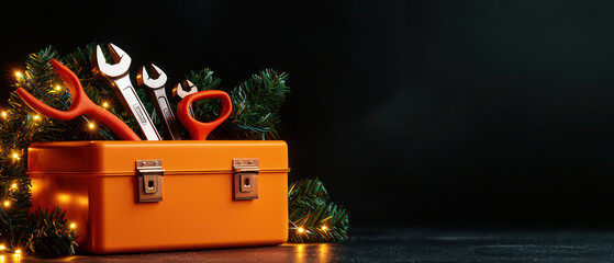 vibrant orange toolbox filled with tools, surrounded by festive greenery and lights, evokes sense of creativity and readiness