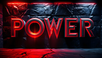 Glowing red "POWER" text on dark stone wall background.