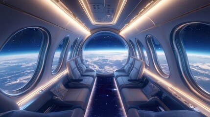 Luxury Space Tourism: Interior view of a futuristic spacecraft cabin, showcasing breathtaking views of Earth from orbit.  Passengers enjoy a luxurious and comfortable journey among the stars.