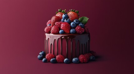 Delicious chocolate cake decorated with fresh raspberries, strawberries, and blueberries.