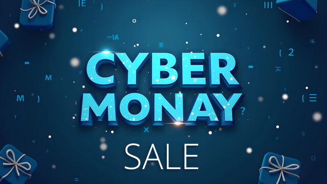 Cyber Monday Sale Banner with Gift Boxes. Concept of Online Shopping and Discount.