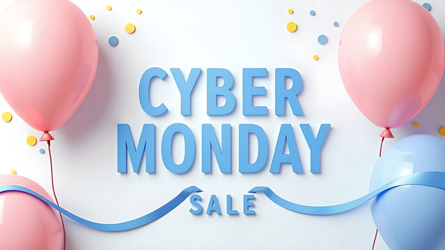 Cyber Monday Sale Banner with Balloons and Confetti. Concept of online shopping and discount.