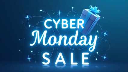 Cyber Monday Sale Neon Sign with Gift Box. Concept of Online Shopping and E commerce.