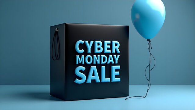 Cyber Monday Sale Sign on Black Box with Blue Balloon. Concept of Online Shopping and Discount.