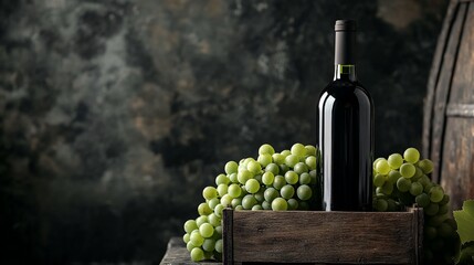 Fototapeta premium Red wine bottle beside green grapes in wooden crate.