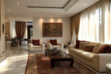 Sunlit living room, elegant furniture, ornate rug.