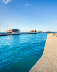 Cesenatico canal and fishing shacks. Romagna, Italy