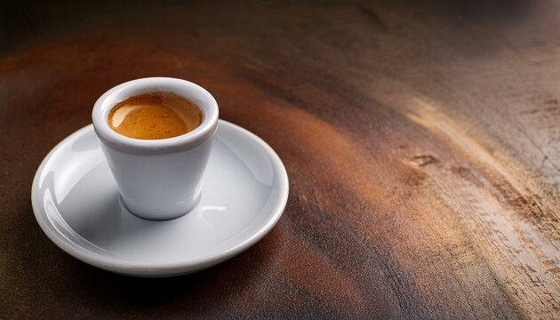 A single shot of espresso in a small white cup sits on a dark brown rustic surface.