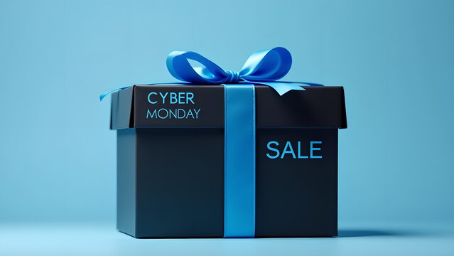Cyber Monday Sale Gift Box with Blue Ribbon. Concept of online shopping, discount, and promotion.