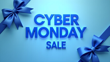 Cyber Monday Sale Banner with Blue Ribbon Bows. Concept of Online Shopping and E commerce.