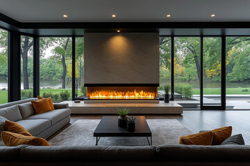 Photographie intérieure de qualité d'un salon contemporain avec cheminée intégrée, grandes fenêtres et décoration élégante, créant une ambiance cosy et chaleureuse