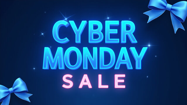 Cyber Monday Sale Neon Text with Blue Ribbon. Concept of Online Shopping and Discount.