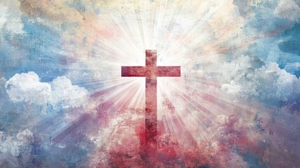 Glowing cross in colorful sky.