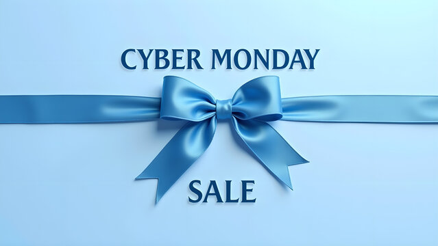 Cyber Monday Sale banner with blue ribbon. Concept of online shopping and e commerce.