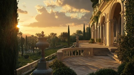Sunset view, grand mansion, stone terrace, manicured gardens.