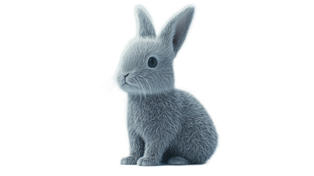 PNG, cut out Gray Easter bunny  in a natural, relaxed pose isolated on a clean, neutral background. For seamless editing. Happy Easter Concept. Clear place for text, greetings, postcard, e-commerce
 - Powered by Adobe