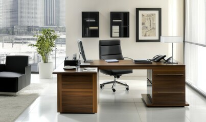 A modern home office featuring an L-shaped desk with the user back to the wall.