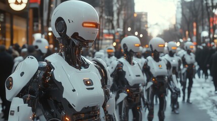 Humanoid robots walking in formation in a futuristic setting