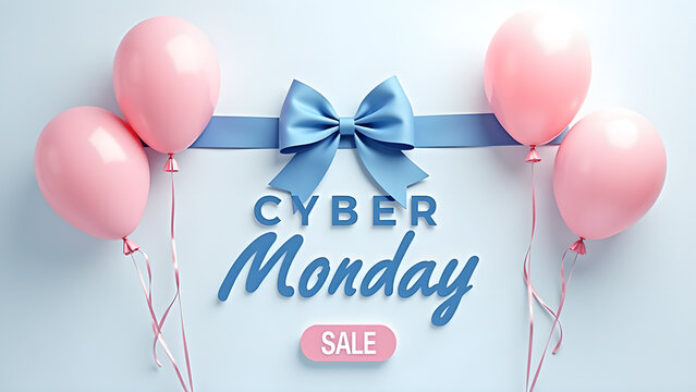 Cyber Monday Sale Banner with Pink Balloons and Blue Ribbon. Concept of Online Shopping and Discount.