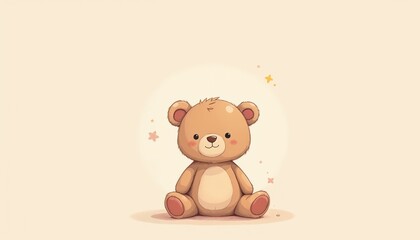 Fototapeta premium Cute teddy bear toy sitting happily on a light background with copy space
