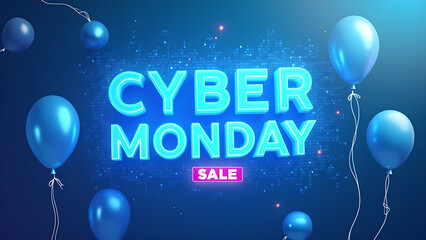 Cyber Monday Sale Banner with Balloons. Concept of Online Shopping and E commerce.