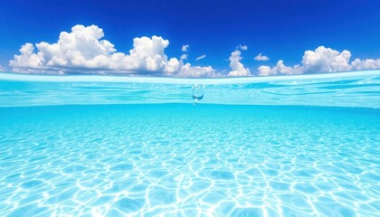 Obraz premium Clear transparent blue water lagoon. Bright blue sky with white fluffy clouds. Sunny day. Calm ocean water surface. Peaceful seascape. Vacation destination. Tropical paradise. Ideal for summer