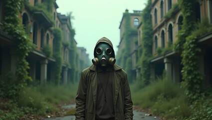 Person in gas mask standing in overgrown abandoned city.