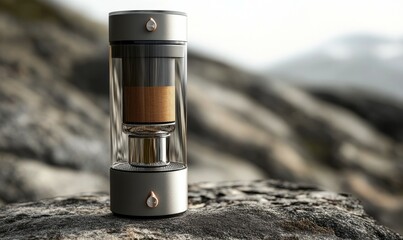 A portable, semi-automatic coffee machine designed for outdoor enthusiasts in a minimalist post-modern style.