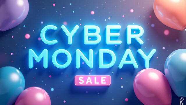 Cyber Monday Sale Neon Sign with Balloons. Concept of online shopping, discount, and promotion.