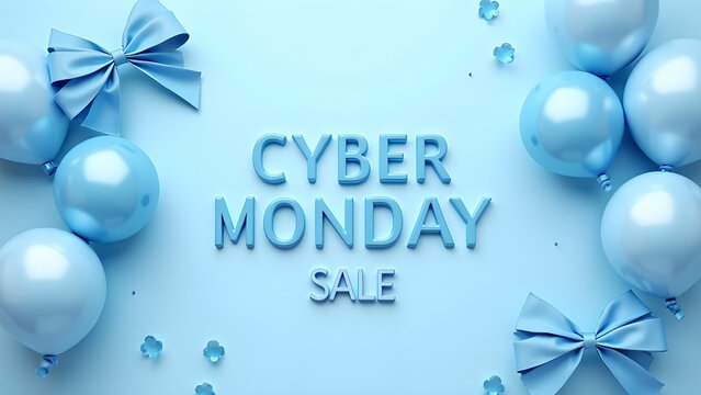 Cyber Monday Sale Banner with Balloons and Ribbons. Concept of Online Shopping and Discount.