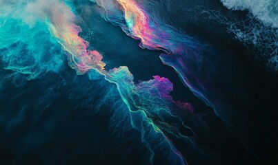 Black Wallpaper with Iridescent Neon Accents. Undulations and Swirls create a Futuristic Surface Texture.