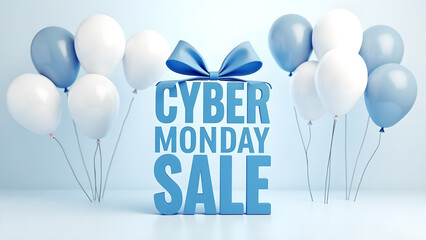 Cyber Monday Sale Banner with Balloons and Gift Box. Concept of Online Shopping and Discount.