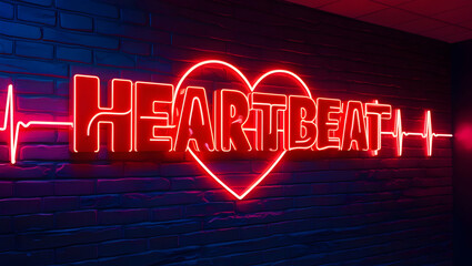 Fototapeta premium Red neon heartbeat sign on a brick wall.
